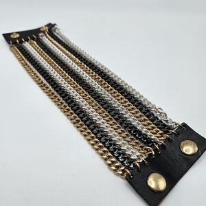 VINTAGE Sheng Tong Mixed Tone Metal Chain Leather Wrap Bracelet Rocker